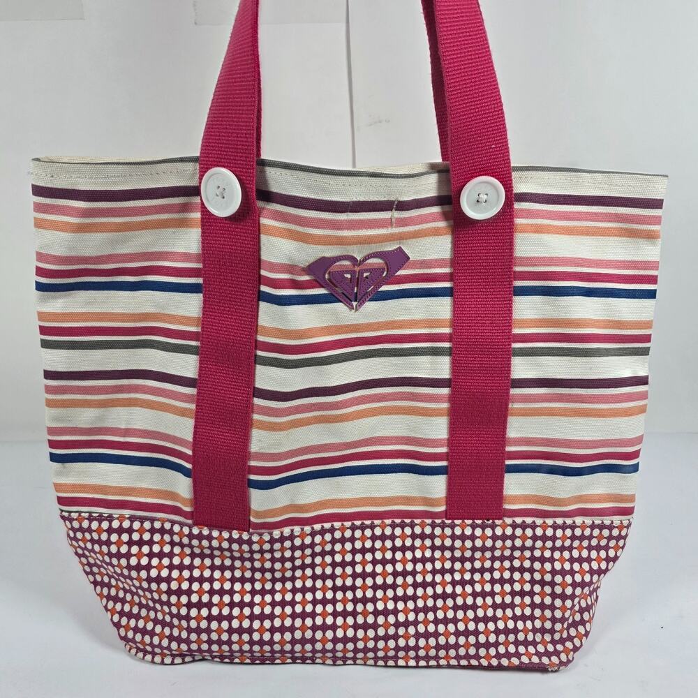 Roxy Striped Canvas Tote Bag Pink Purple Beach Travel Shoulder Handbag Large Y2K